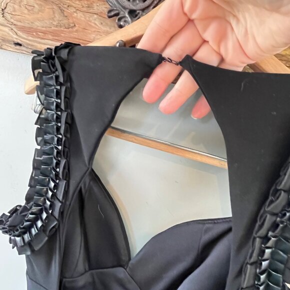 Joseph Ribkoff‎ Black Evening Gown With Faux Leather & Ruffles Sleeveless Halter - Picture 4 of 6